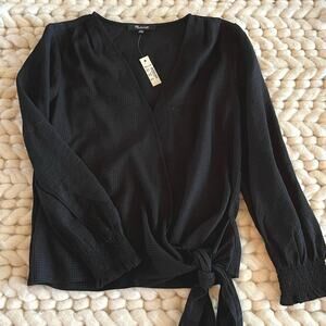 Madewell Black Wrap Top NWT XXS Textured V-Neck Tie Waist Blouse